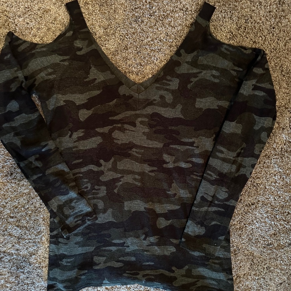 Women’s shoulder cut out camo sweater by Sanctuary, from Evereve.